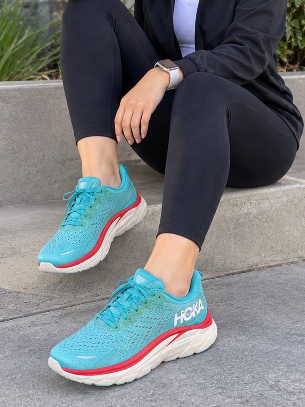 Hoka Aqua Blue and Red Running Leggings Outfit Shoes Visible